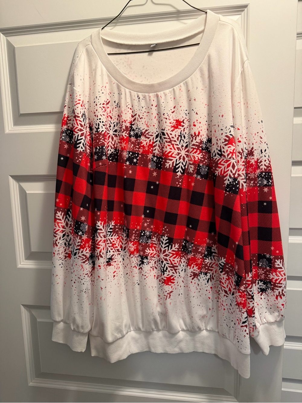 Women’s White Red Buffalo Plaid Snowflake Crew Neck Sweater